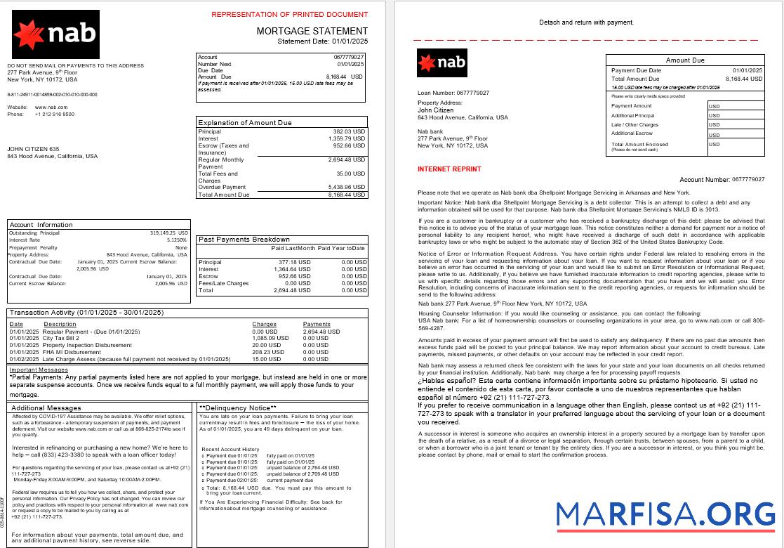 Downloadable USA Nab bank mortgage statement in Word and PDF formats, 3 pages 1 2 example